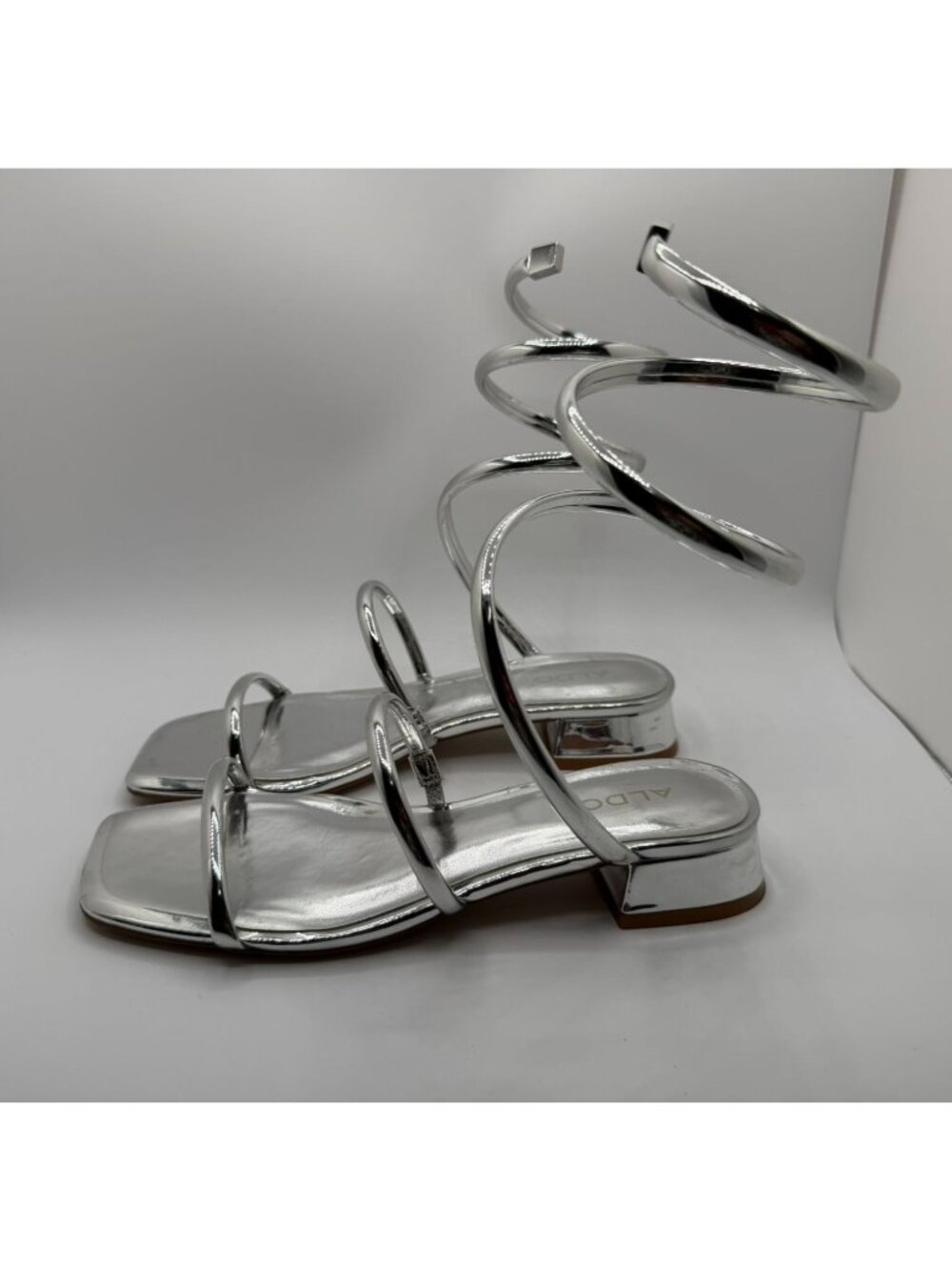 Aldos Spinna Strappy Sandals Women Size 7M Silver Spiral Wrap-Around Ankle Shoes